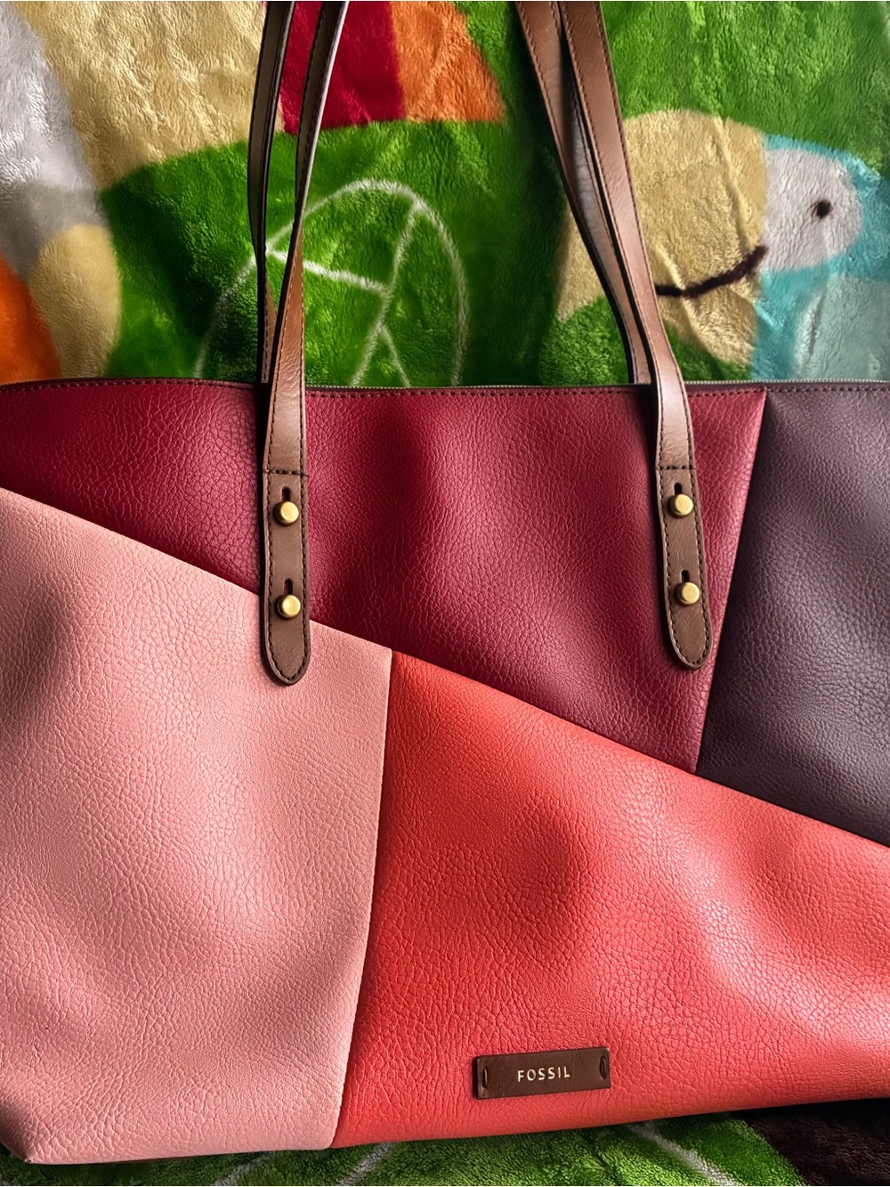 Fossil Colorblock Leather Tote in Pink, Red, Burgundy & Brown Straps - Picture 2 of 9